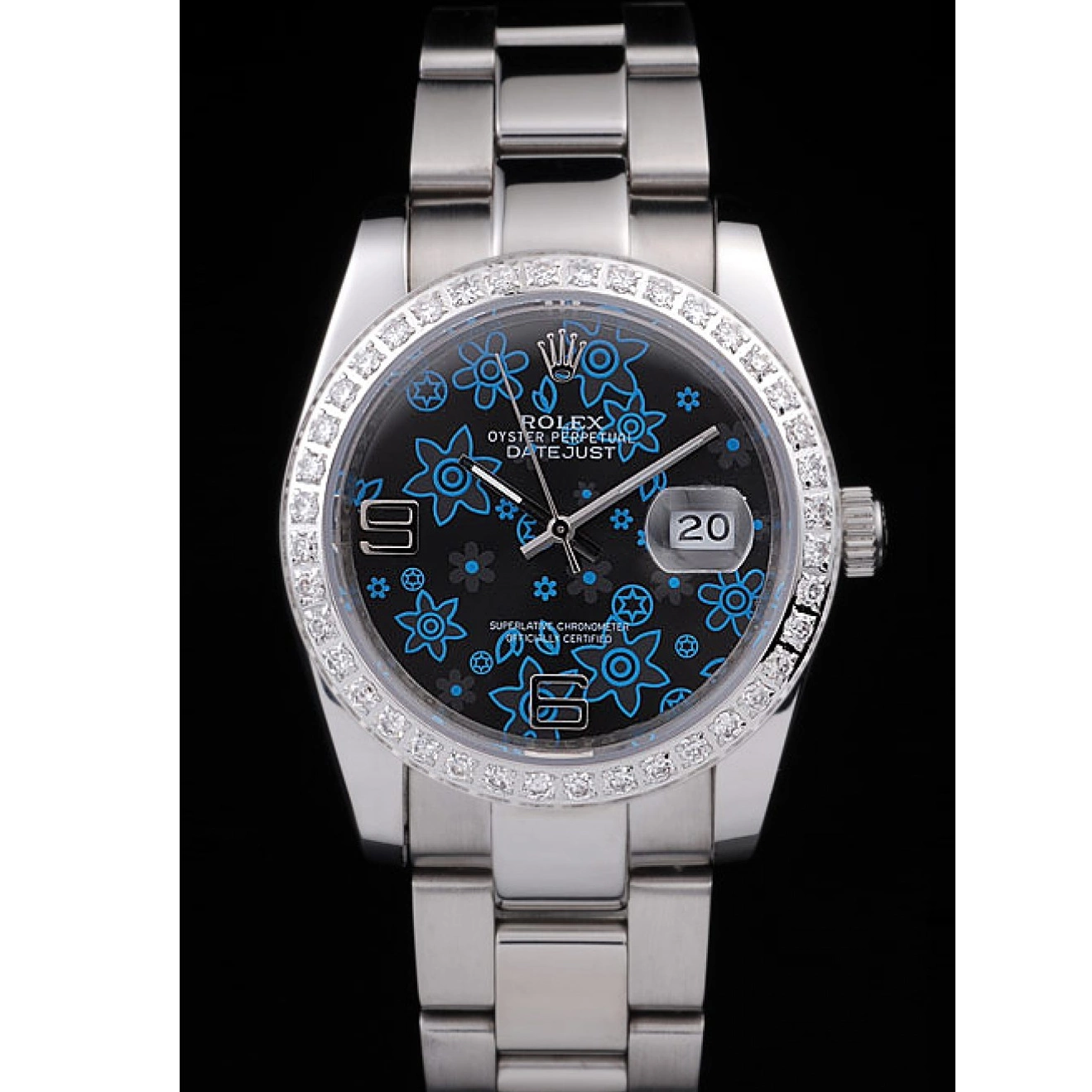Good Copy Rolex Watches Dial Plated Stainless Steel Datejust Rolex Dark Diamond Polished Flowers Blue 0825